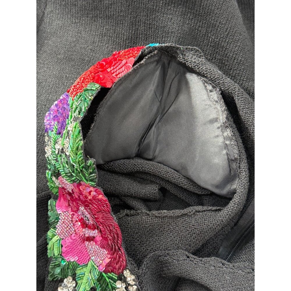 Don Sayres Wellmore Black Santana Knit Dress Floral Applique USA 80s Vtg Size 10 - Picture 6 of 8